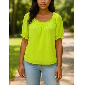 New CECE Women's Green Short Puff Sleeve Square Neck Clip Dot Top Size XS